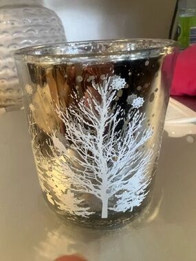 Silver Glass Candle Holder with White Tree Motif